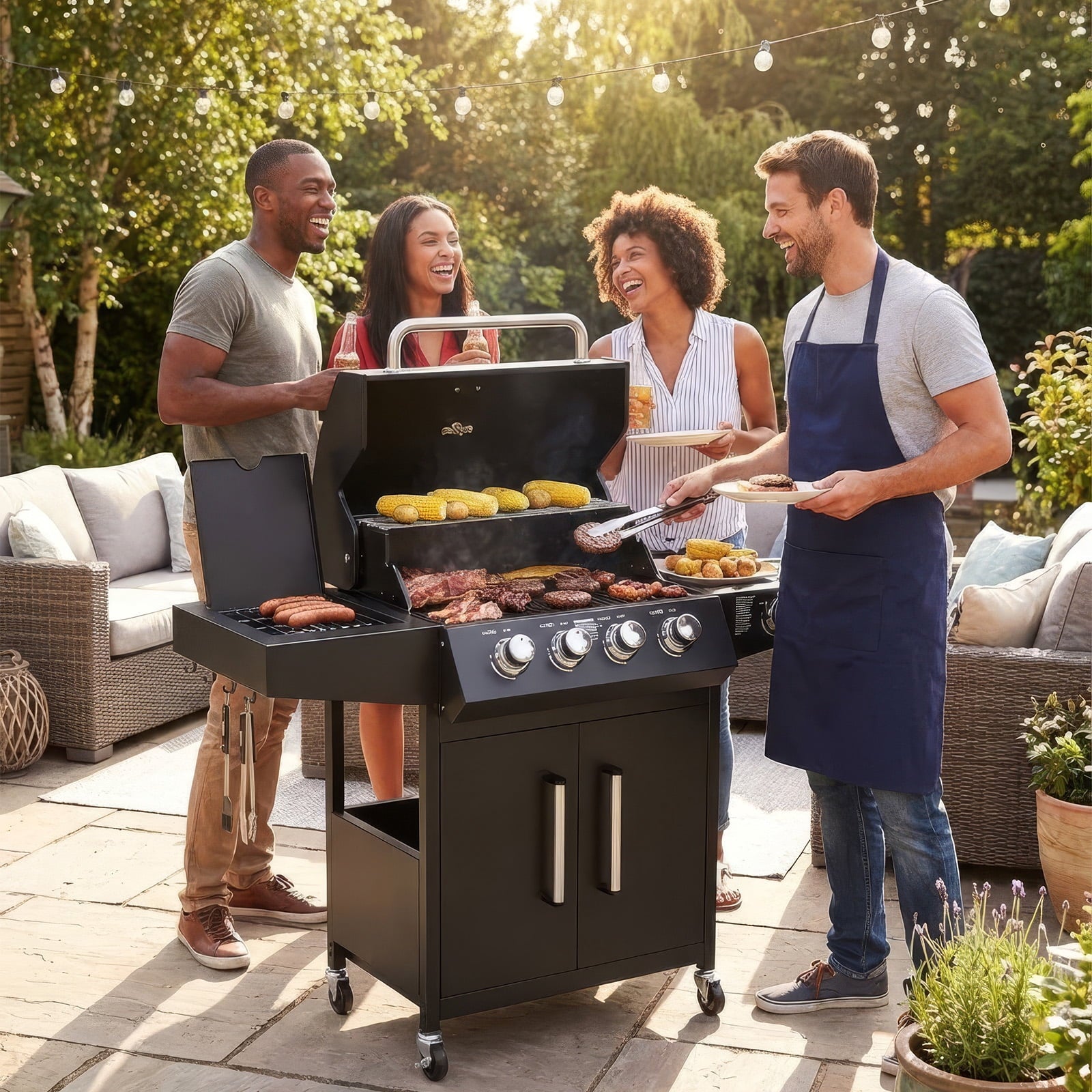 TABU 4-Burner Propane Gas Grill with Side Burner, 58,000 BTU Propane BBQ Grill with Storage Cabinet, Ideal for Outdoor Cooking TABU