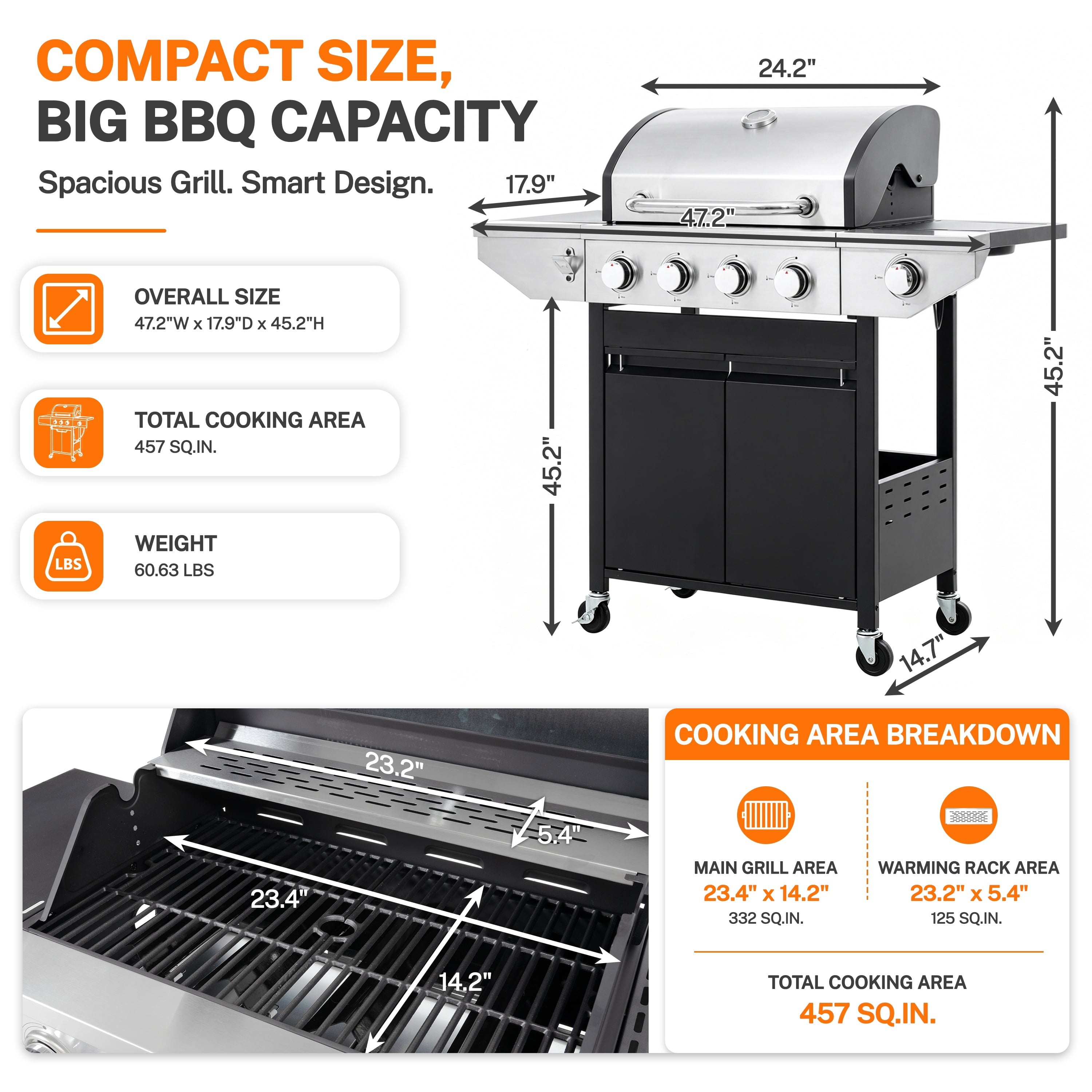 SEGMART 4 Burner Propane Gas Grill with Side Burner, 46,500 BTU Outdoor Cooking BBQ Grill with Porcelain-Enameled Cast Iron Grates, Equipped with Temperature, Tool Hooks, and Bottle Opener Gas Grills