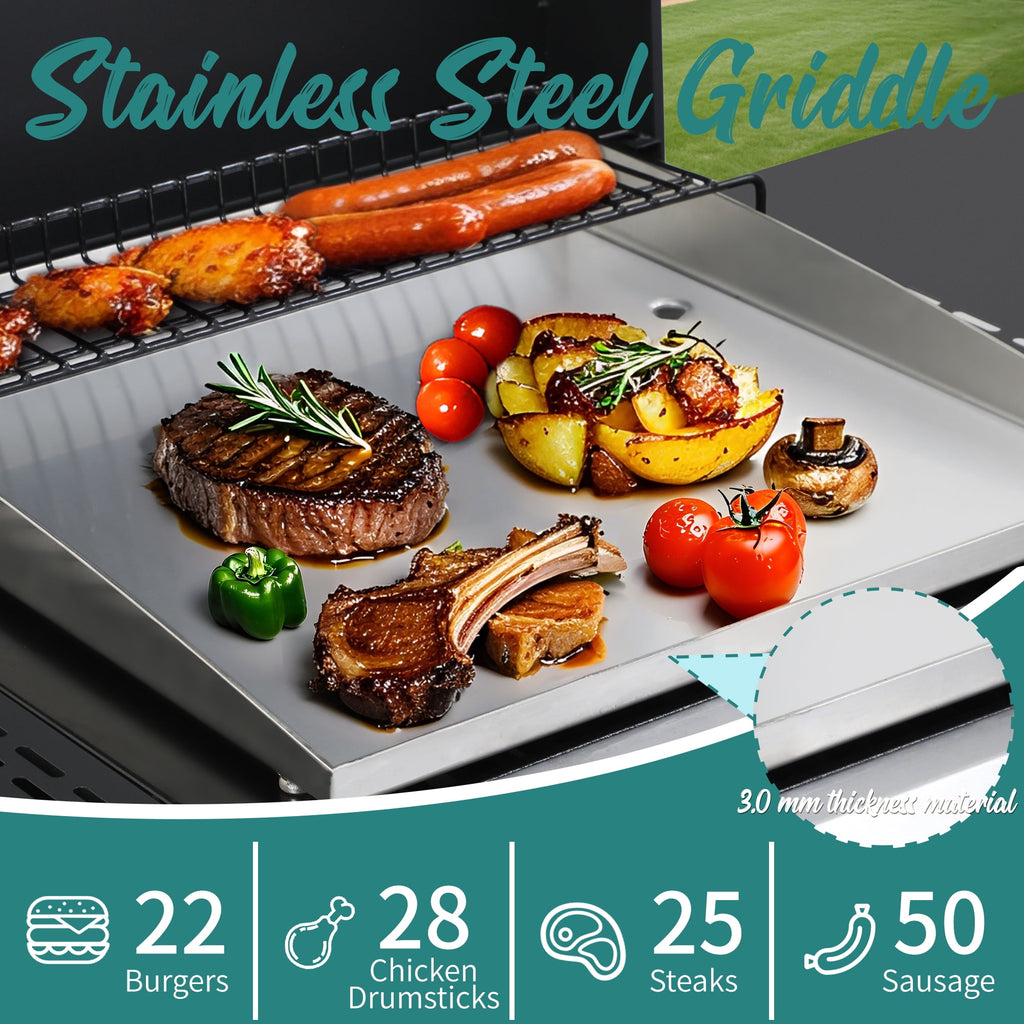 3-Burner Flattop Propane Gas Grill with Folding Side Table - 36,900 BTU Outdoor BBQ Grill with Wire Enamel Cooking Grid & Stainless Steel Griddle Combo for Backyard Nice Coker