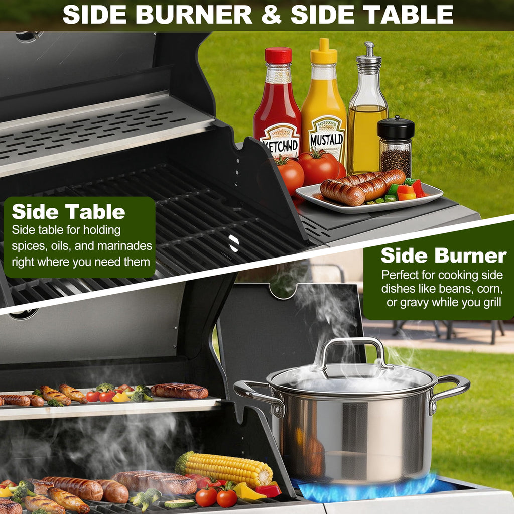 Sesslife 3 Burner Propane Gas Grill, Stainless Steel BBQ Grill with Side Burner, 40500 BTU Portable Outdoor Cooking for Camping, Patio, Backyard, Black Gas Grills