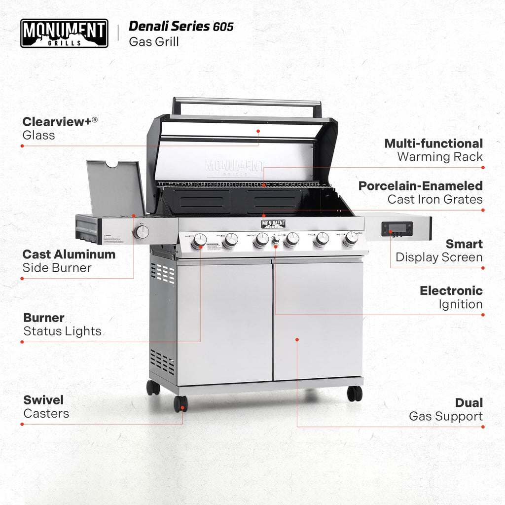 Monument Grills Denali Series 6-Burner Black Dual Fuel Cabinet Grill with Clearview Lid and LED Knobs Monument Grills