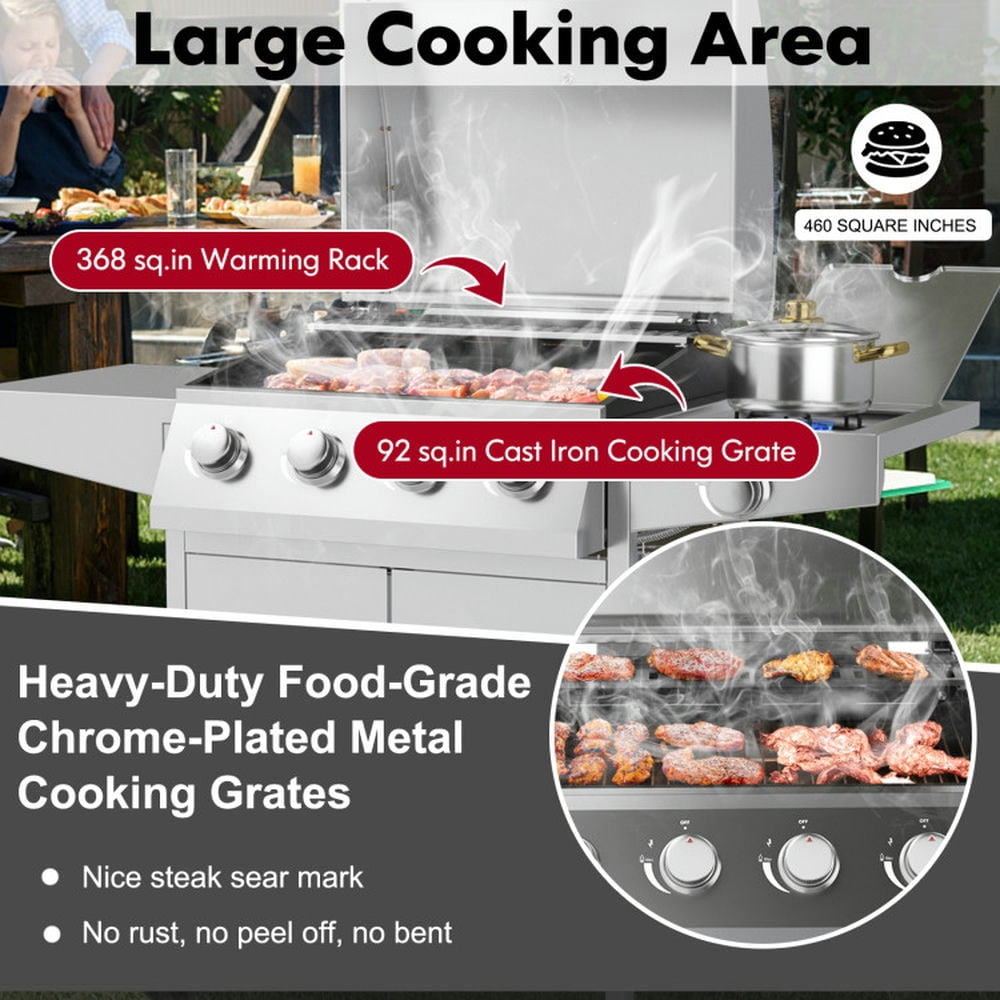 Spaco 50000BTU 5-Burner Propane Gas Grill with Side Burner and 2 Prep Tables-Silver, Camp Stove for Outdoor Cooking Spaco