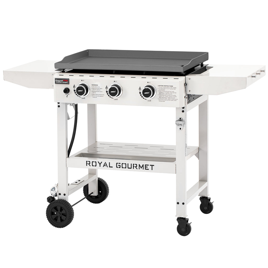 Royal Gourmet GB3000W 28-Inch 3-Burner Propane Gas Griddle in White, Griddle with Collapsible Side Shelves Royal Gourmet