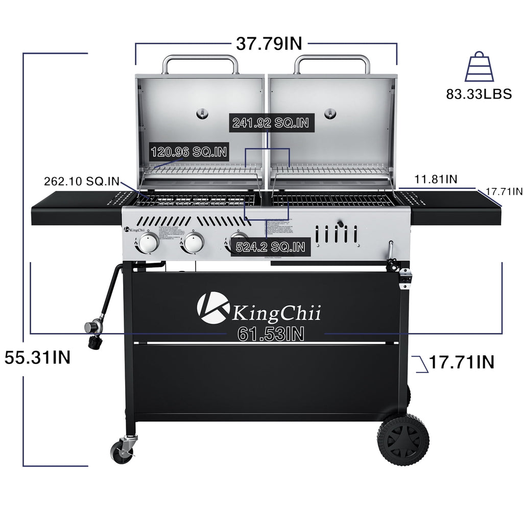 KingChii Gas and Charcoal Grill Combo, Dual Fuel 3-burner BBQ Grill Smoker with Side Burner for Outdoor Patio Cooking Barbecue Gas Grills