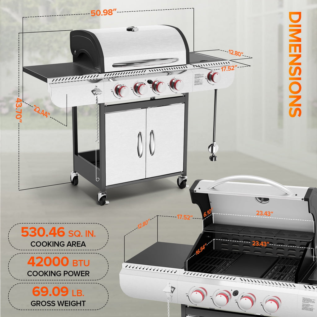 LHRIVER Stainless Steel 4 Burner Propane Gas Grill with Side Burner, Portable Outdoor Barbecue Grill, 42,000 BTU My Store