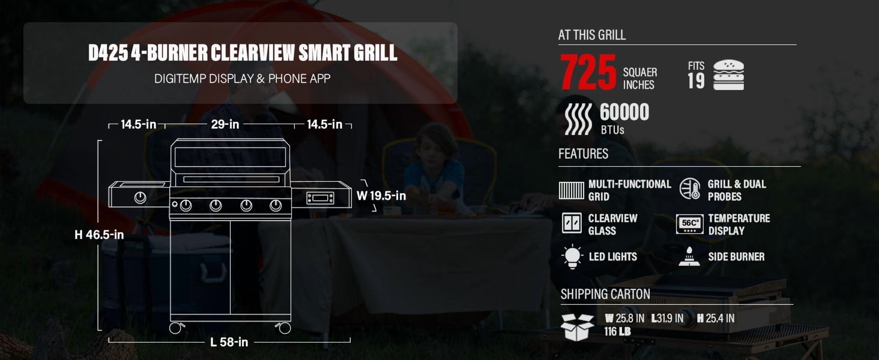 Denali 4-Burner Propane Gas Grill in Stainless with Clearview Lid, 3-Phase LED Controls, Grill Cover, and Side Burner Monument Grills