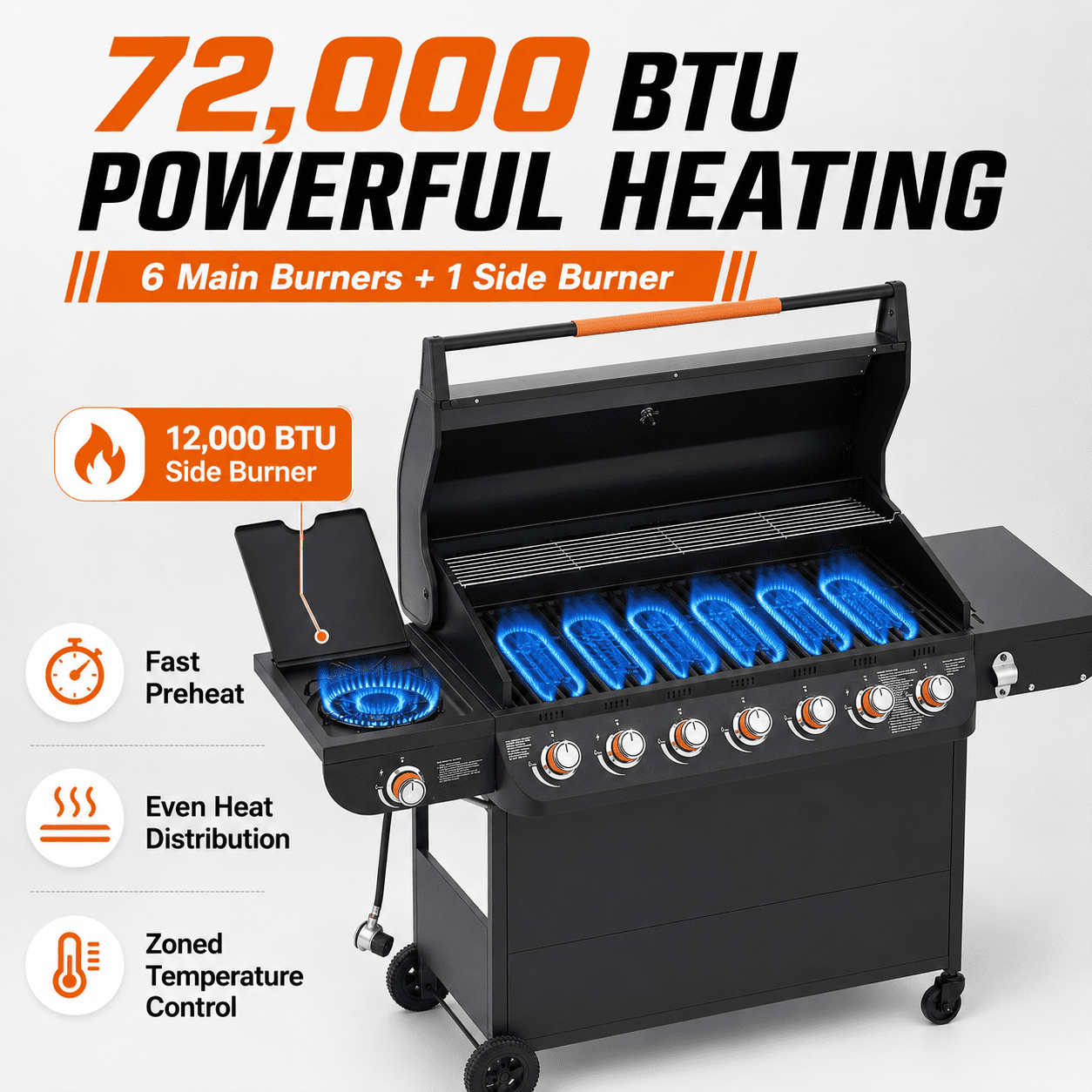 Seizeen 72,000 BTU Powerful Gas Grill, 6-Burner Propane BBQ Grill with Side Burner, w/Cast Iron Grates, Warming Rack, Thermometer Seizeen