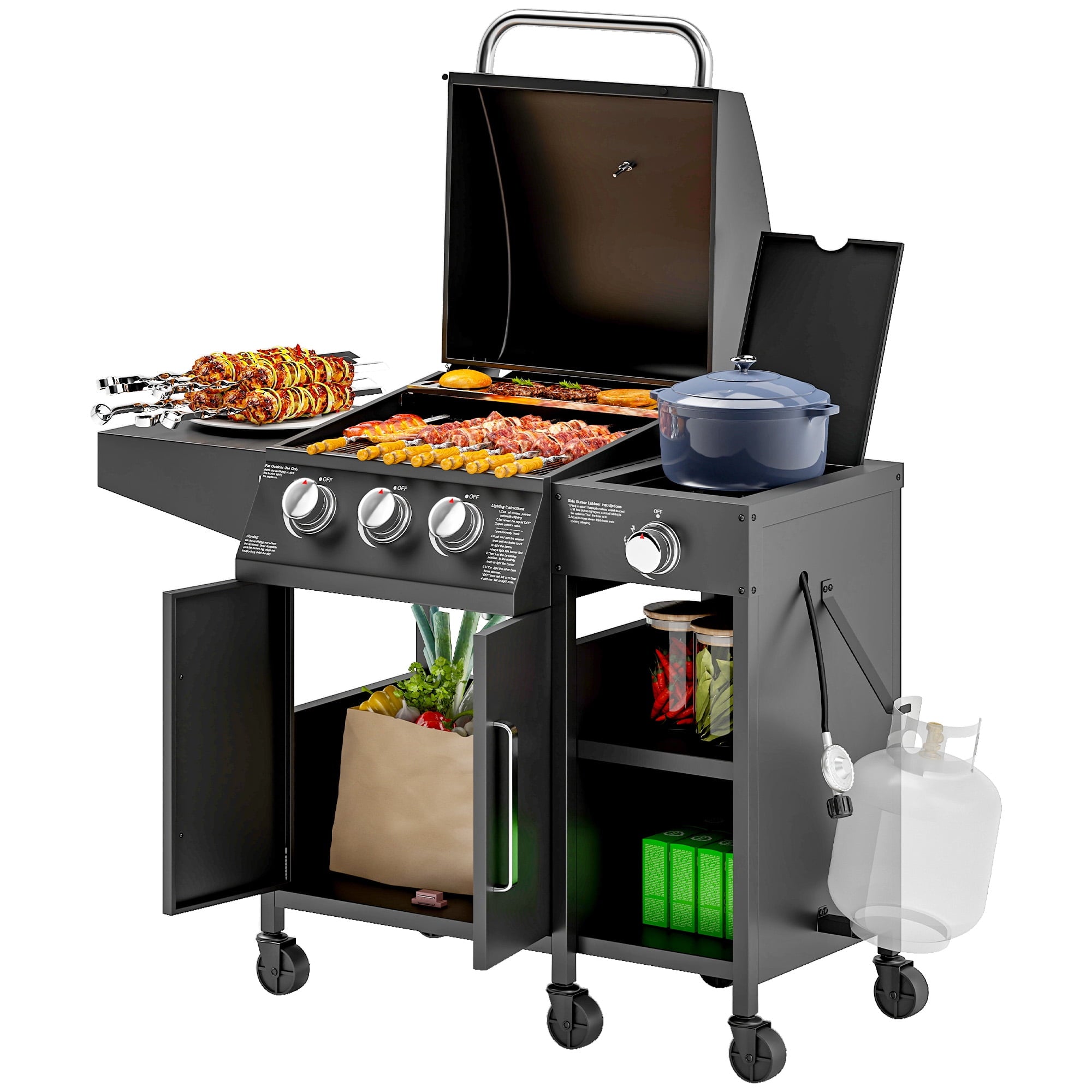 Outsunny 3 Burner Gas Grill with Side Burner, 9.5 KW Output, 310 Sq. in. Cooking Area, Cabinet Style Propane BBQ Grill with Shelves, Black Outsunny