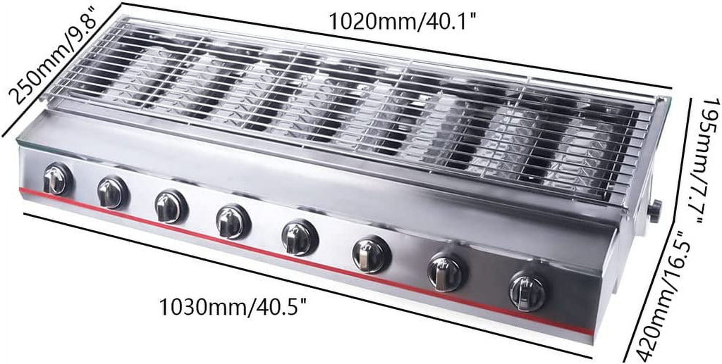 FETCOI 8-Burner Gas Grill Outdoor Tabletop Gas BBQ Grill Commercial 2800Pa Stainless Steel Gas Grill for Camping Picnicking Gas Grills
