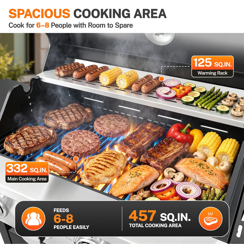 SEGMART 4 Burner Propane Gas Grill with Side Burner, 46,500 BTU Outdoor Cooking BBQ Grill with Porcelain-Enameled Cast Iron Grates, Equipped with Temperature, Tool Hooks, and Bottle Opener Gas Grills