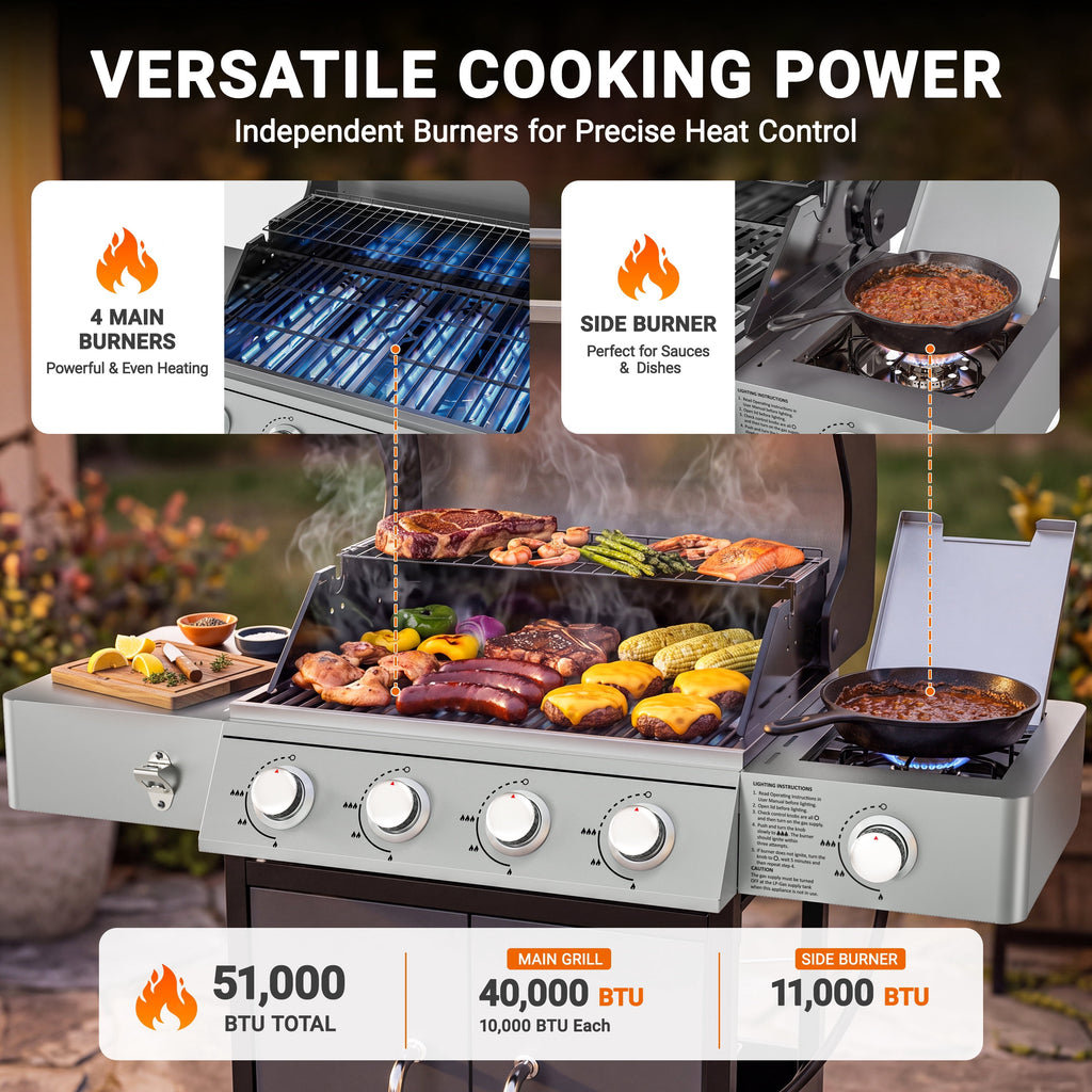 4-Burner Gas Grill with Side Burner, 51,000 BTU Propane BBQ Grill with Porcelain-Enameled Cast Iron Grates, Built-in Thermometer, Ideal for Patio Camping Outdoor Cooking Gas Grills