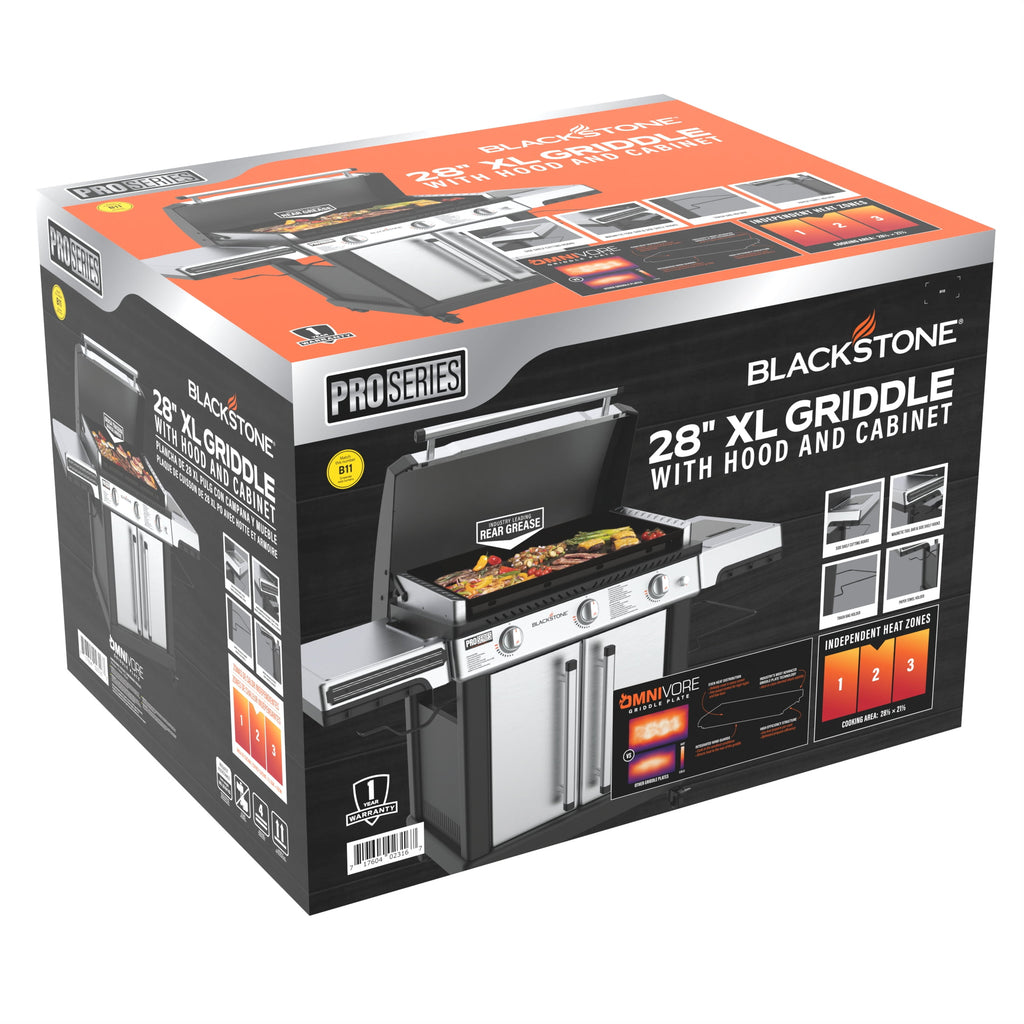 Blackstone Pro Series Outdoor Griddle, 28 Inch XL 3-Burner Flat Top Grill with Cabinet, Stainless Steel Gas Grills