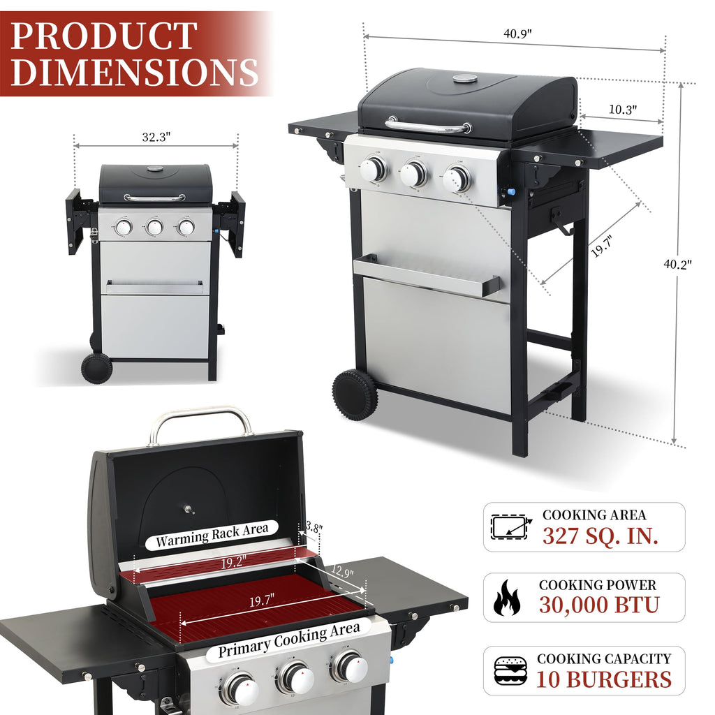 CIG GARDEN 3-Burner Propane Gas Grill with Folding Side Tables, Full-Size Grease Tray, and Removable Grease Cup CIG GARDEN