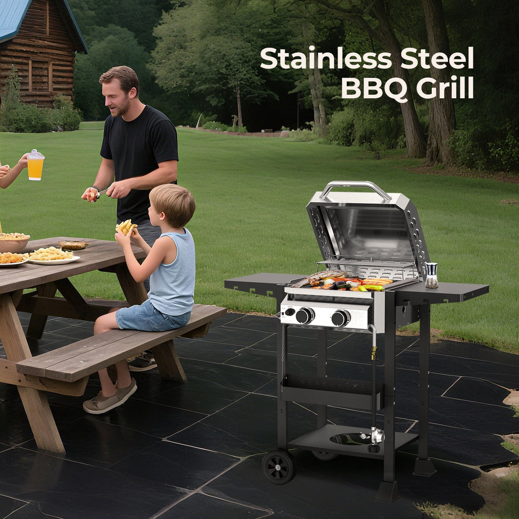 WAA Propane Gas Grill with 2-Burner,Outdoor Gas BBQ Grill with Side Storage Shelves,Top Cover Lid, Oil Tray,Wheels,Barbeque Stove for Barbecue Cooking,Patio,Camping and Party,16000 BTU Gas Grills