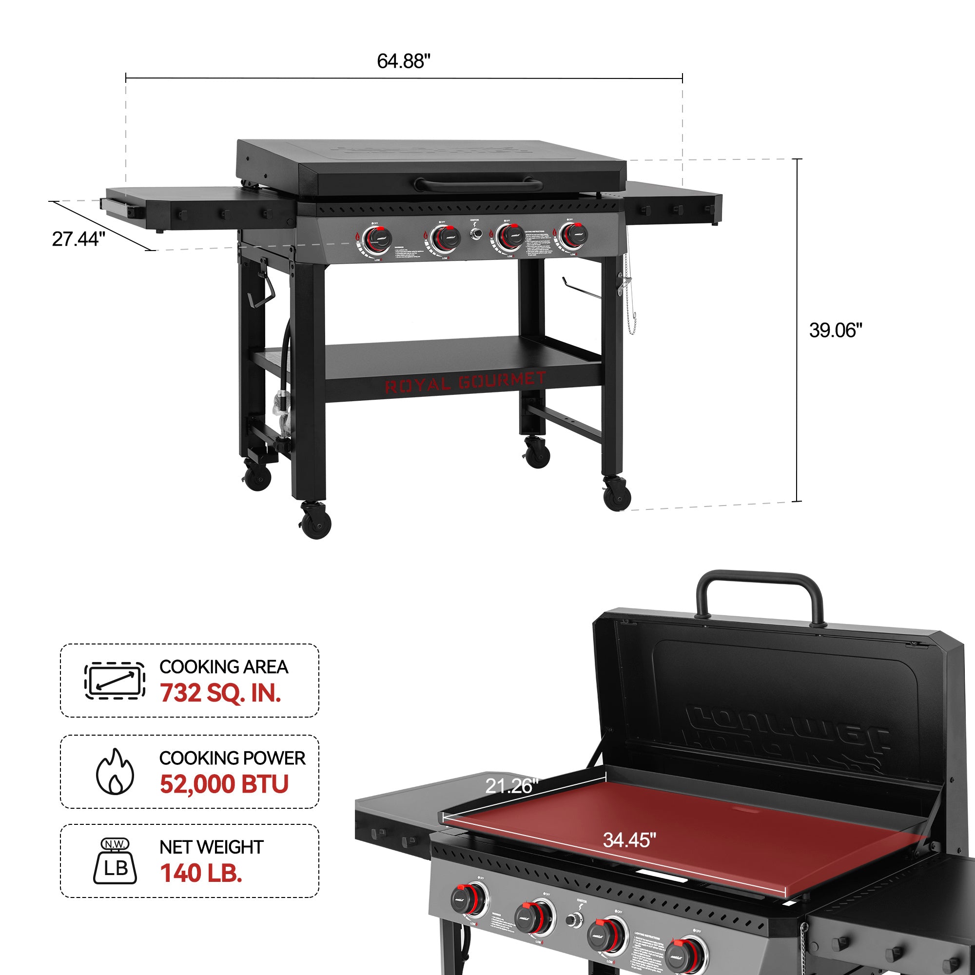 Royal Gourmet GB4005P 34-Inch 4-Burner Gas Griddle with Hood, Griddle with Collapsible Side Shelves and Storage Basket,Black Royal Gourmet