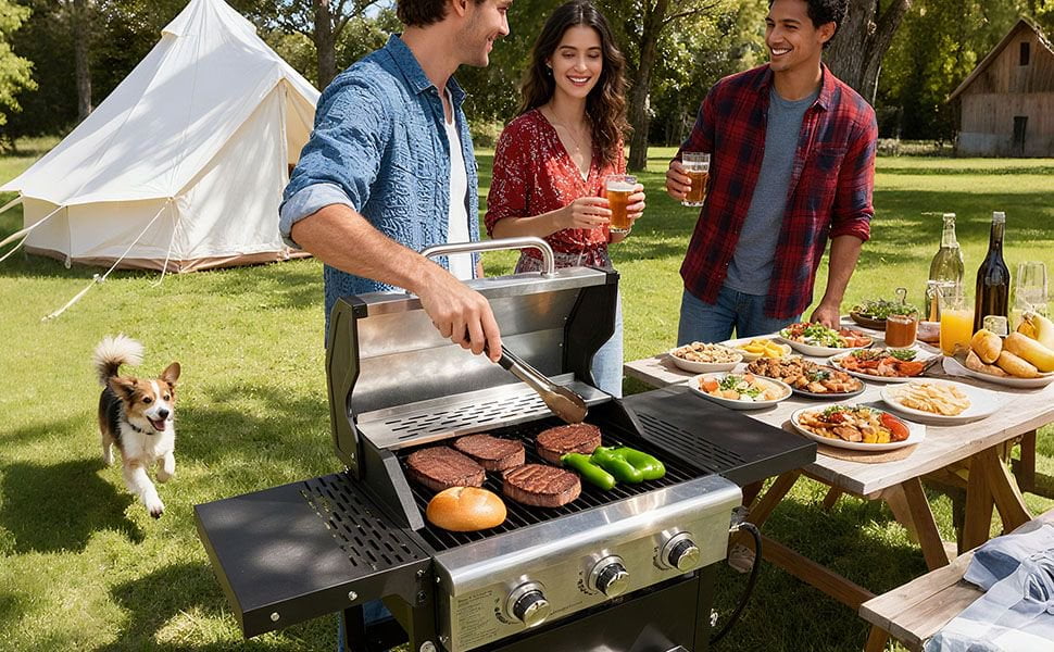 Fehomix 3 Burner Propane Gas Grill, Stainless Steel BBQ Grill with Built-in Thermometer & Electronic Ignition, 26,000 BTU Outdoor Patio Garden Grill with Two Foldable Side Shelves Fehomix