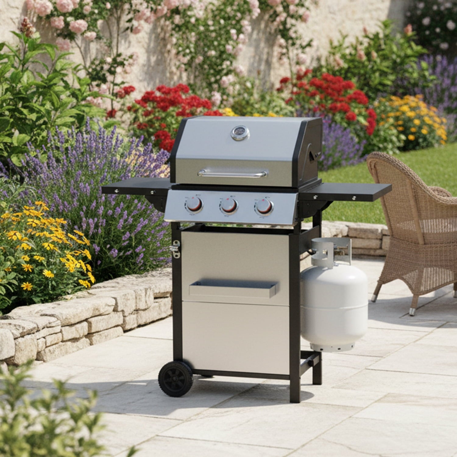 3 Burner Gas Grill with Double-Layer Stainless Steel Lid, 30,000 BTU Patio Garden Barbecue Grill with Folding Side Tables Garden It