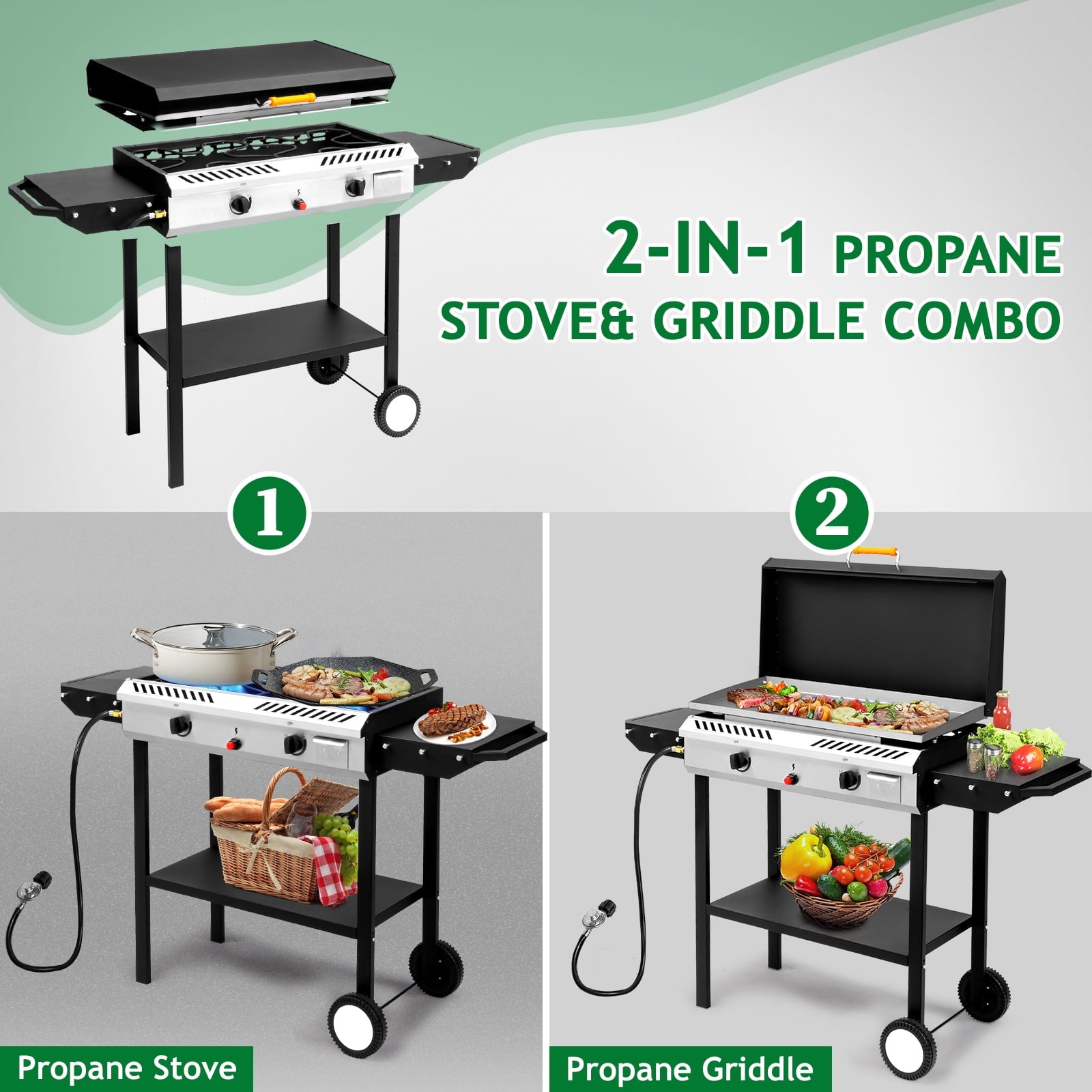 Zintown 2 Burner 150000-BTU Outdoor Stove Propane Gas Griddle with Portable Pan,Lid Zintown