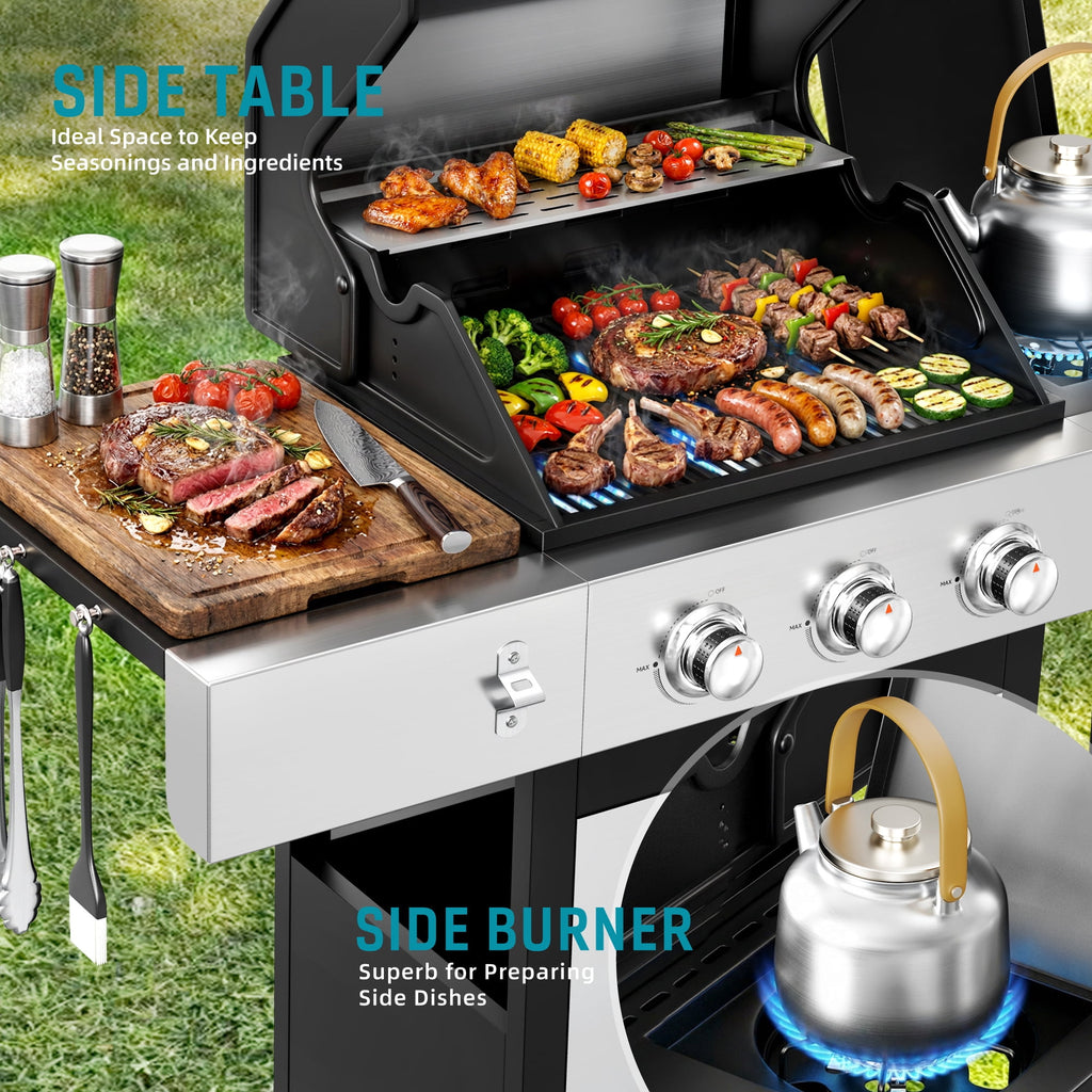 Biotree 3 Burner Gas Grill with Side Burner,40800 BTU Barbecue Grill Propane Stainless Steel BBQ Grill with Porcelain-Enameled Cast Iron Grates for Outdoor Cooking Gas Grills