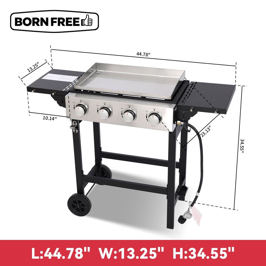4-Burner Flat Top Gas Grill with Stainless Steel Griddle, Includes Cover & Regulator - Perfect for Camping, Tailgating, Backyards Born Free