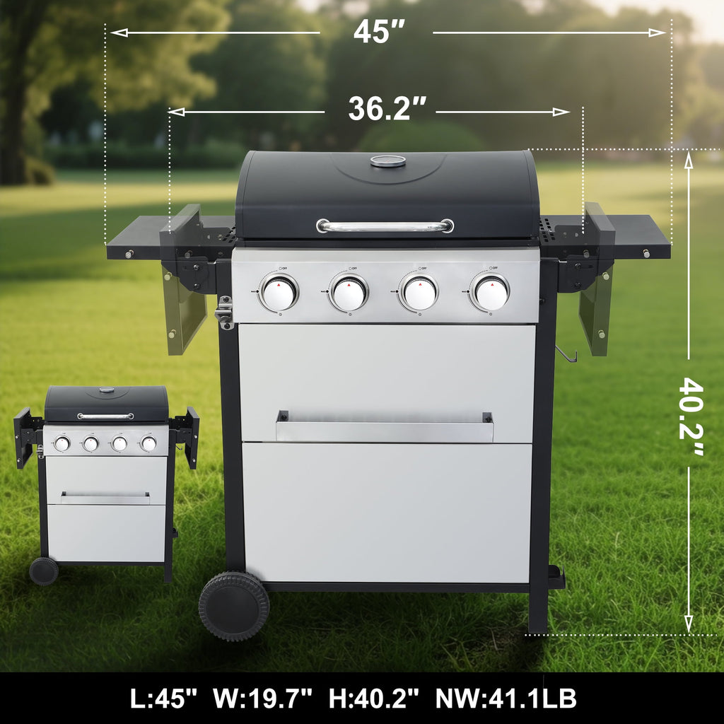 4-Burner Propane Gas Grill – 40,000 BTU Stainless Steel BBQ Grill with Porcelain-Enameled Cooking Grates, Pull-Out Grease Tray & Foldable Side Shelves, Even Heat Distribution Born Free