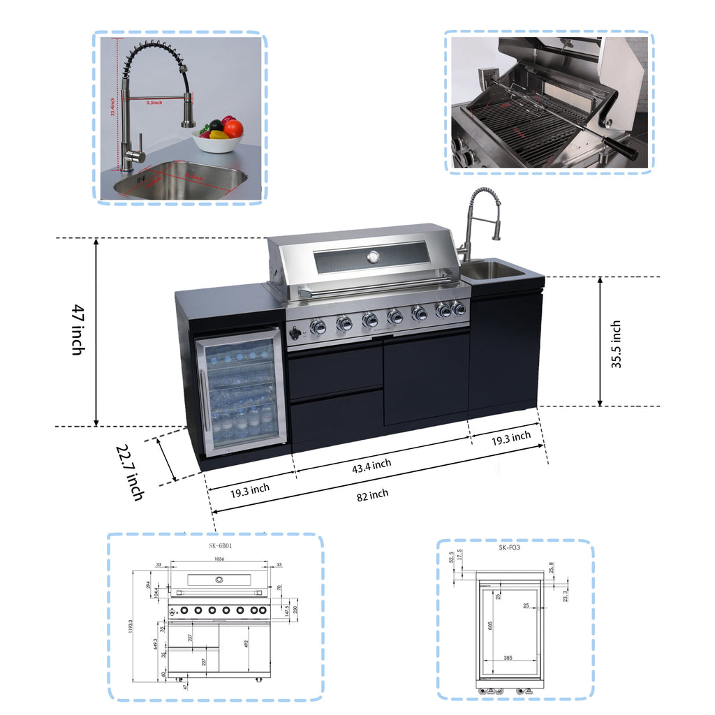 82Inch 6-Burner 85000 BTU Deluxe Stainless Steel Gas Outdoor Kitchen Bar Barbecue Island Grill  + Wine Cooler Compact Refrigerator + Rotisserie + Stainless Steel Countert + Storage Cabinets & Drawers My Store