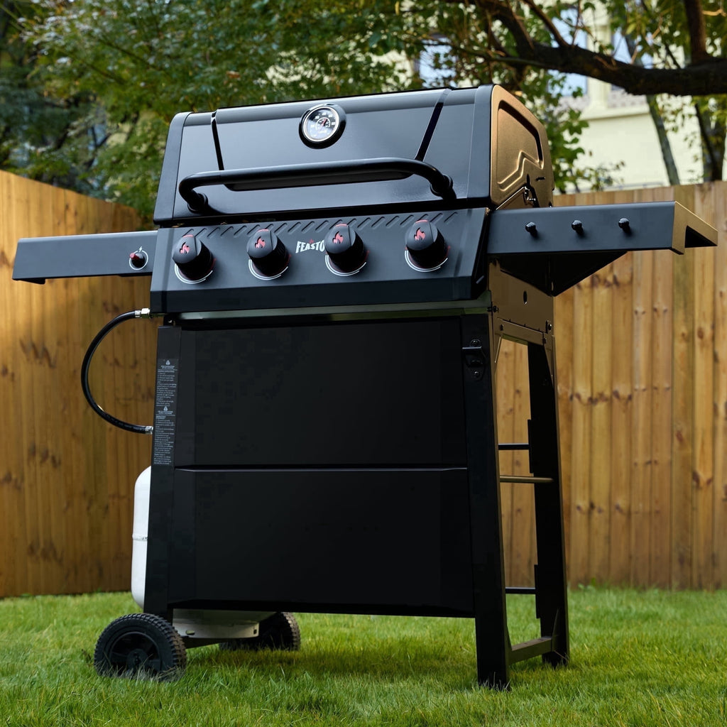 Feasto 4-Burner Propane Gas Grill, Outdoor Grill with 2 Side Tables and Porcelain-Enameled Grates, Black Gas Grills