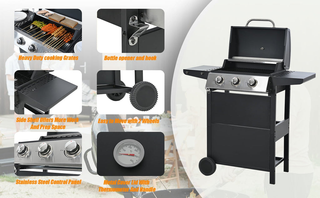 iCapeson 3-Burner Propane Gas Grill, 26,000 BTU Stainless Steel Outdoor BBQ Grill with 2 Side Shelves, Wheels, Thermometer & Bottle Opener for Patio, Garden, and Backyard Barbecue Gas Grills