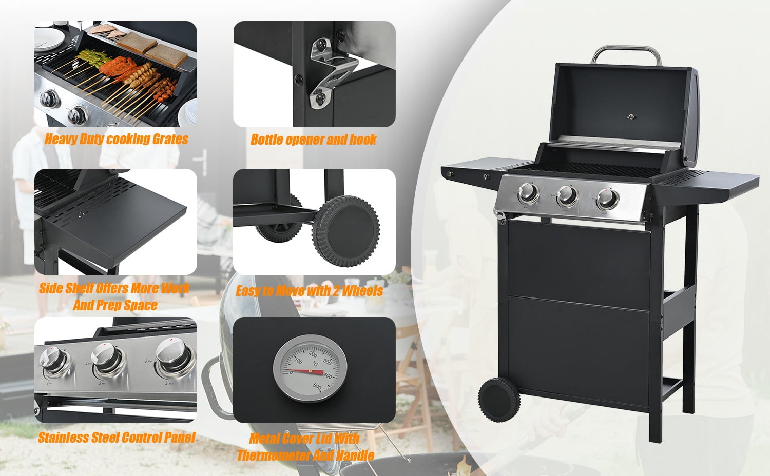 iCapeson 3-Burner Propane Gas Grill, 26,000 BTU Stainless Steel Outdoor BBQ Grill with 2 Side Shelves, Wheels, Thermometer & Bottle Opener for Patio, Garden, and Backyard Barbecue Gas Grills