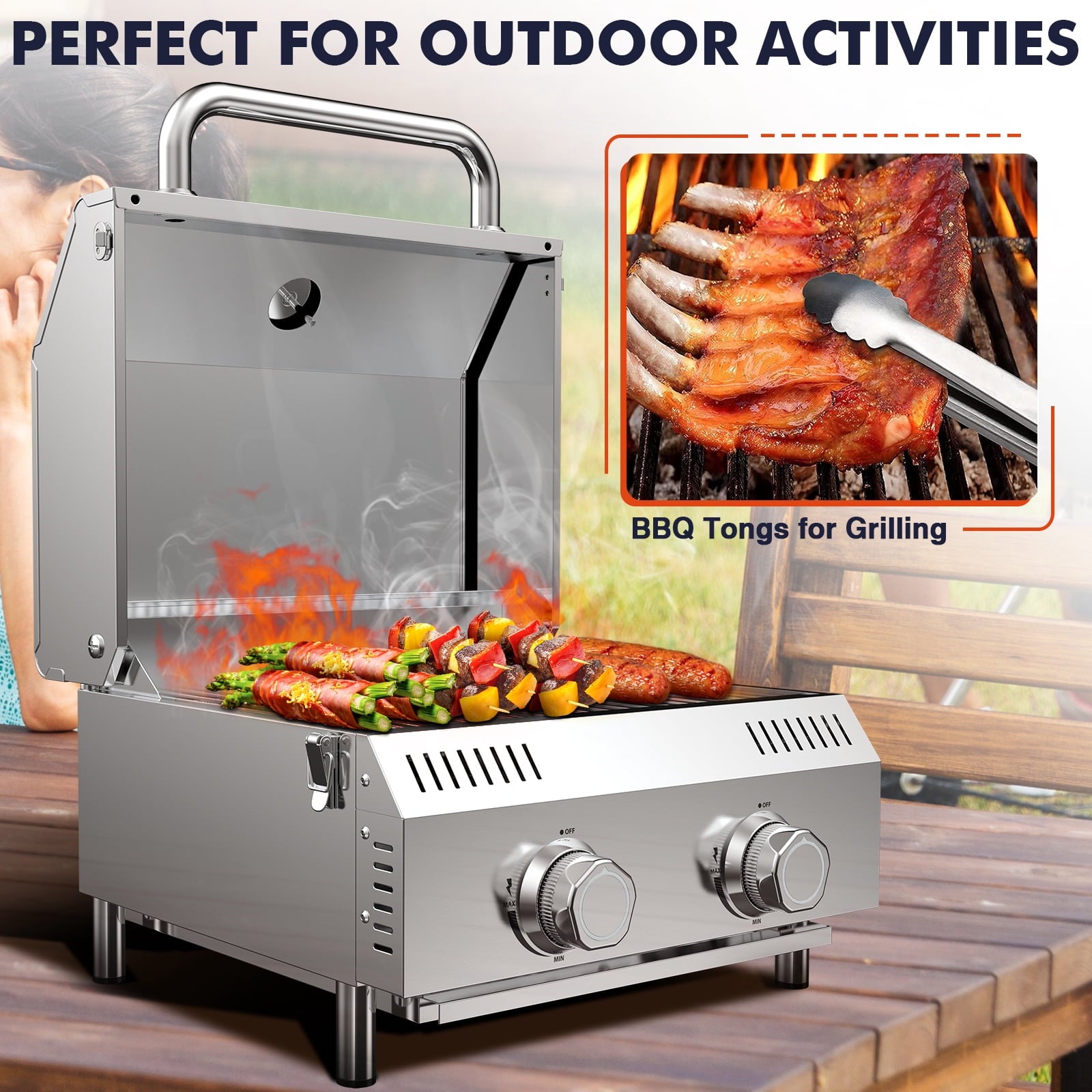 Frizi Portable 2-Burner Tabletop Propane Grill for Patio, 20,000 BTU, Stainless Steel, Camping & Tailgating Gas Grills