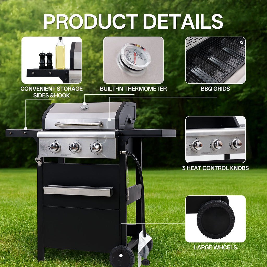 YIORTWO 3 Burner Propane Gas Grill with Cover, 27,000 BTU Outdoor BBQ with Stainless Steel Lid & Storage Cabinet, Portable for Patio & Camping Gas Grills