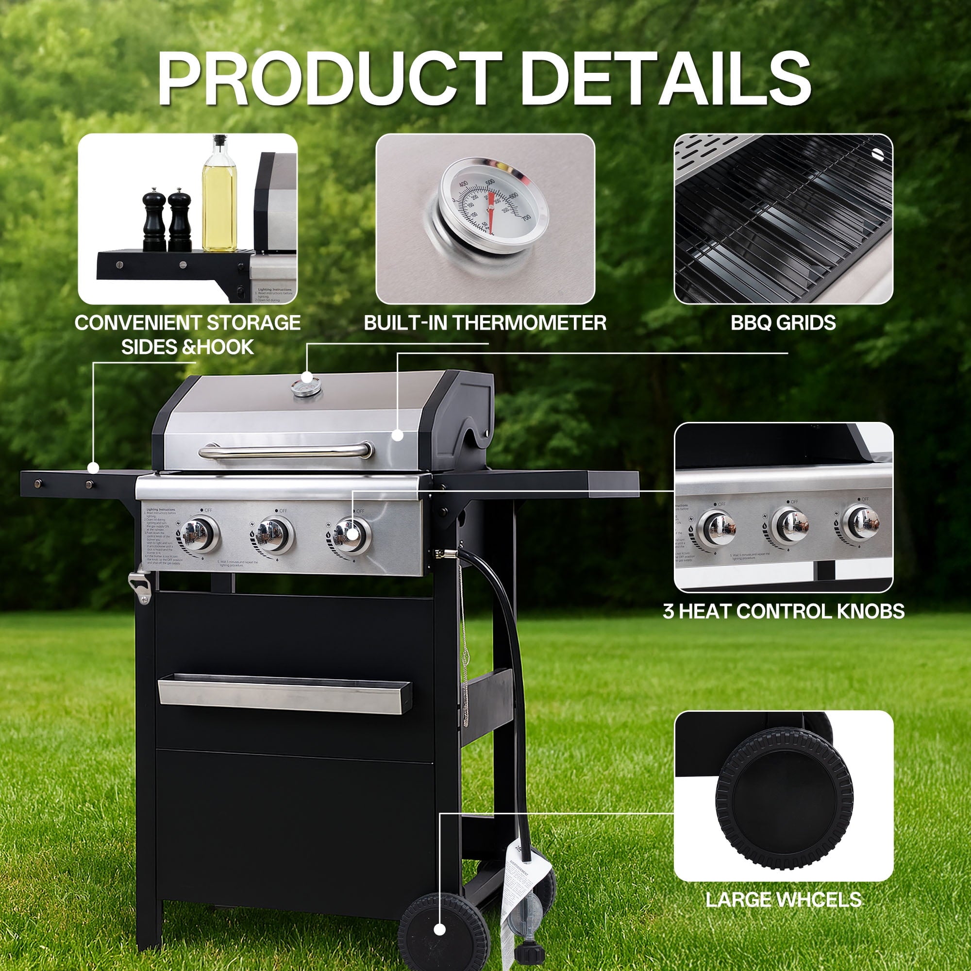 YIORTWO 3 Burner Propane Gas Grill with Cover, 27,000 BTU Outdoor BBQ with Stainless Steel Lid & Storage Cabinet, Portable for Patio & Camping Gas Grills