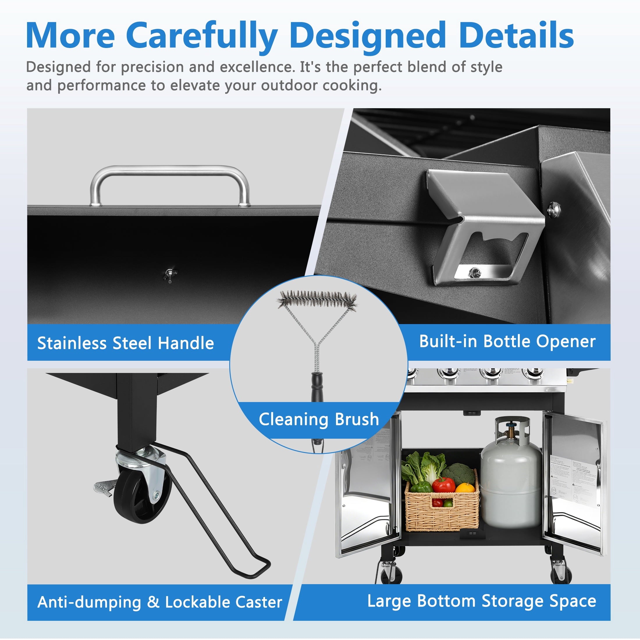 SEGMART 4 Burner BBQ Propane Gas Grill, Stainless Steel 40,000 BTU Patio Garden Barbecue Grill with Side Tables, Cleaning Brush & Thermometer, Perfect for Camping, Outdoor Cooking Gas Grills