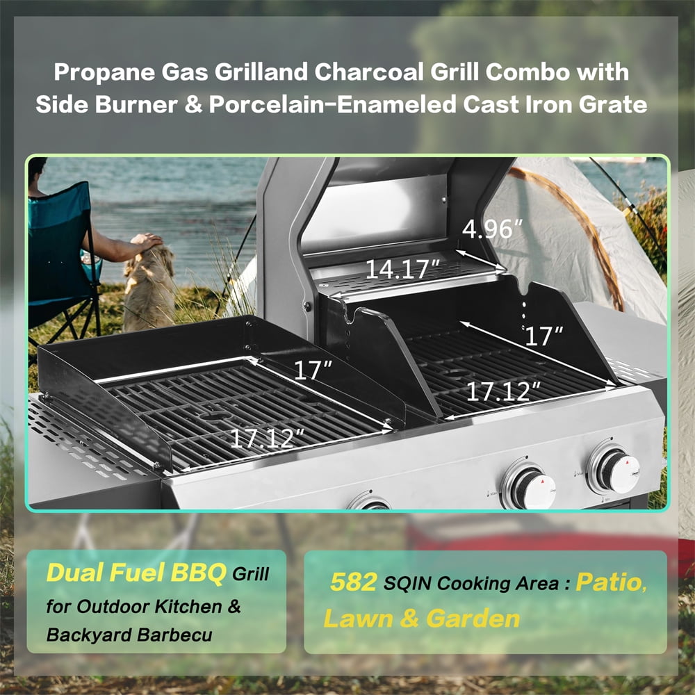 HighSound 4 Burner Propane Gas Grill & Griddle Combo BBQ Grill with Lid & Pizza Oven 49200 BTU, Flat Top Propane Grill Griddle Combo for Outdoor Cooking While Camping & Tailgating, Black Gas Grills