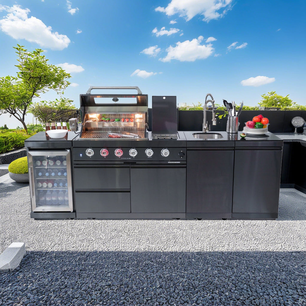 AirWire 104 Deluxe Outdoor Kitchen Island: 4-Burner 85,000 BTU 304 Stainless Steel Gas Grill with Sink, Wine Cooler Refrigerator, Granite Countertop & Rotisserie Kit HomeMindful