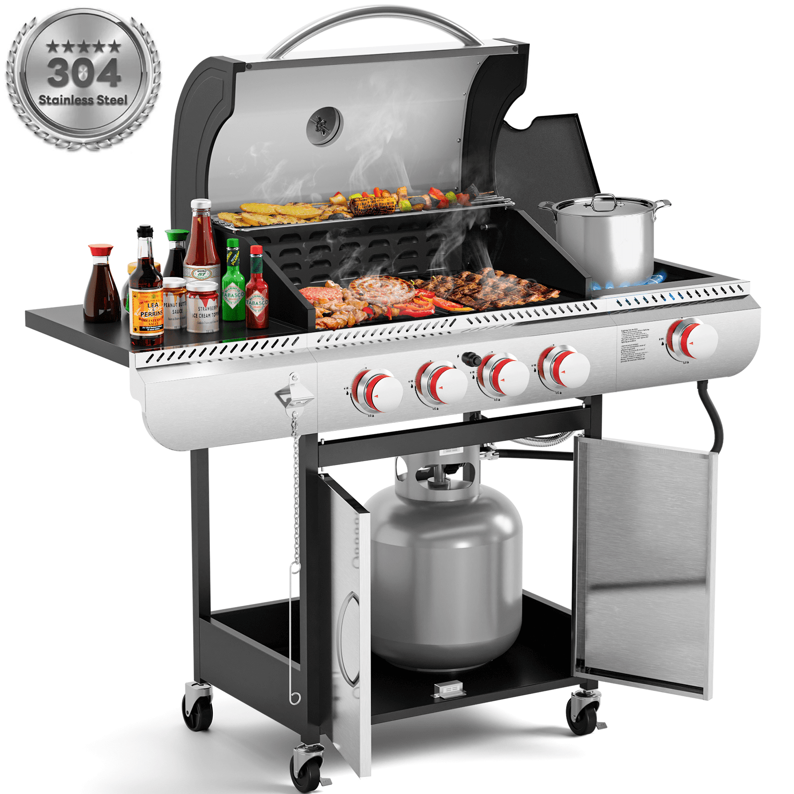 LHRIVER Stainless Steel 4 Burner Propane Gas Grill with Side Burner, Portable Outdoor Barbecue Grill, 42,000 BTU My Store