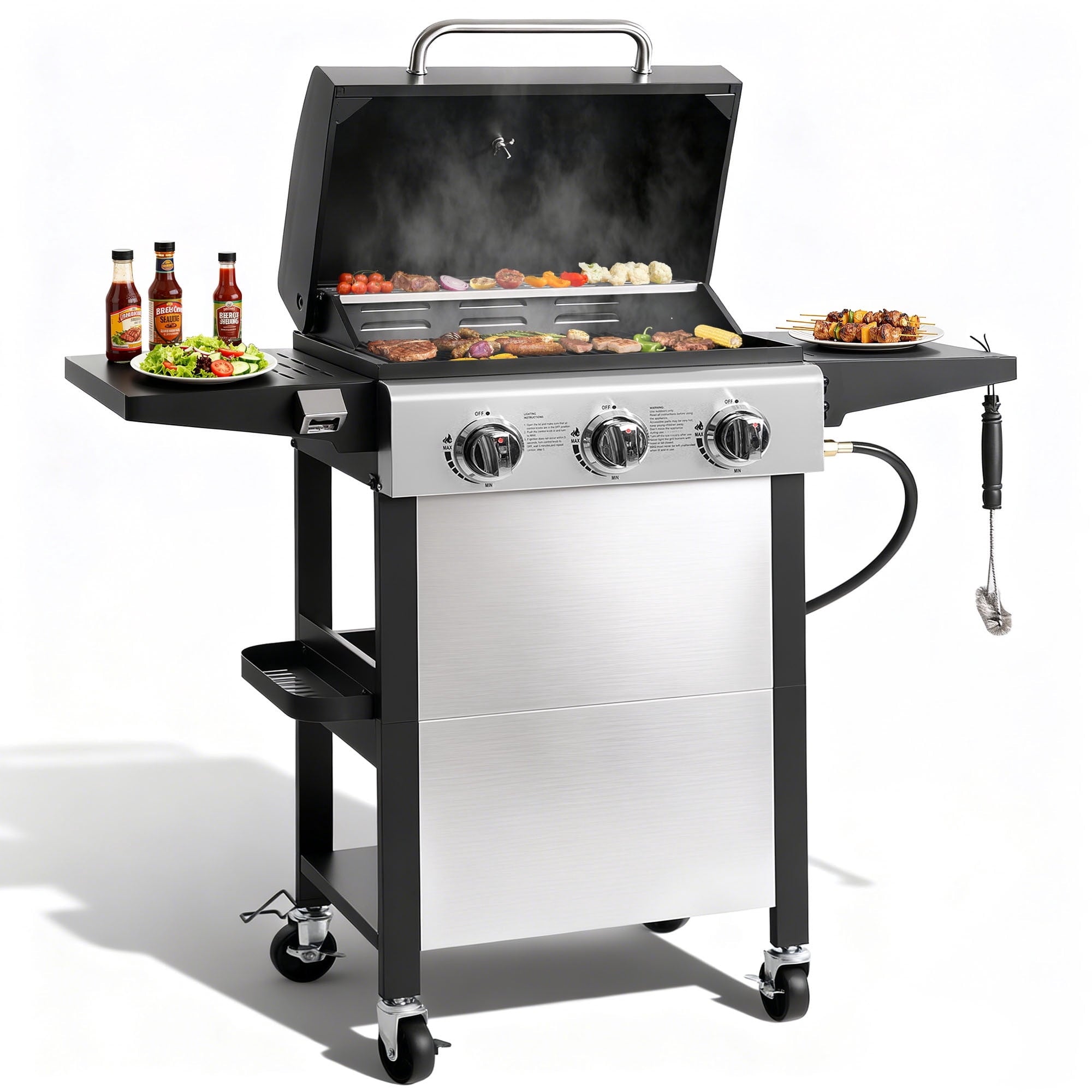 Outdoor BBQ Grill, Powerful 30,000BTU Gas Propane Grill, Stainless Steel Grill with Storage Shelves, Portable Grill for RV Party Camping Patio Gas Grills