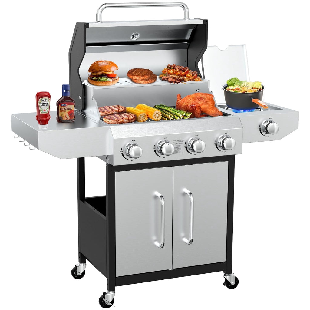 BESTFIRE 60,000 BTU 4+1 Burner Propane Gas Grill - 647 sq. inches Stainless Steel Outdoor BBQ with Porcelain-Enameled Cast Iron Grates, Side Burner & Storage Cabinet for Patio and Backyard Cooking Gas Grills