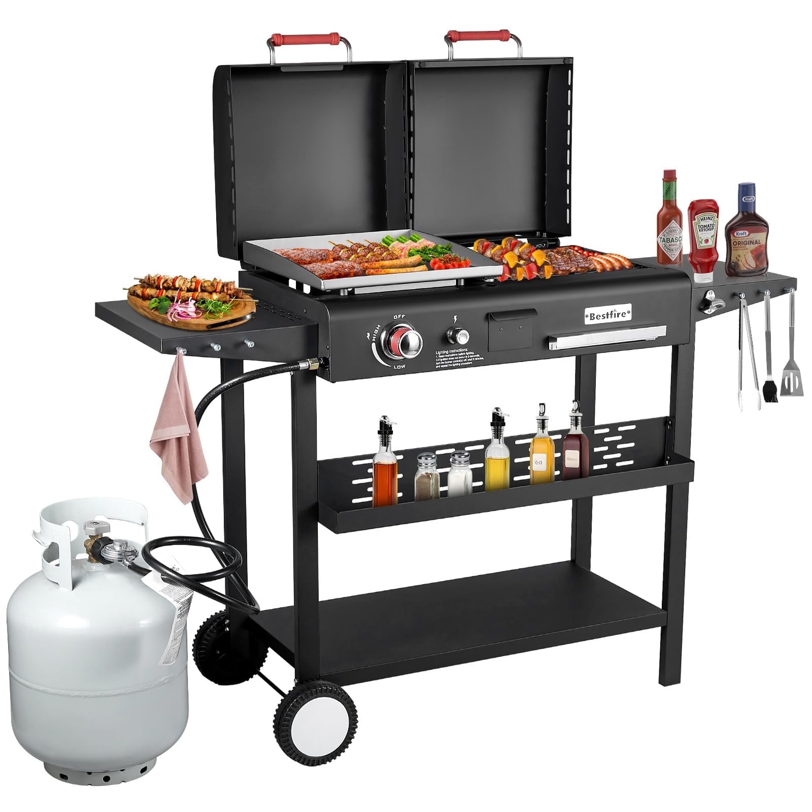 Bestfire Double Fuel Propane Gas Charcoal Grill Combo Black Dual Lids, 2 Side Shelves for Outdoor and Backyard Cooking Gas Grills
