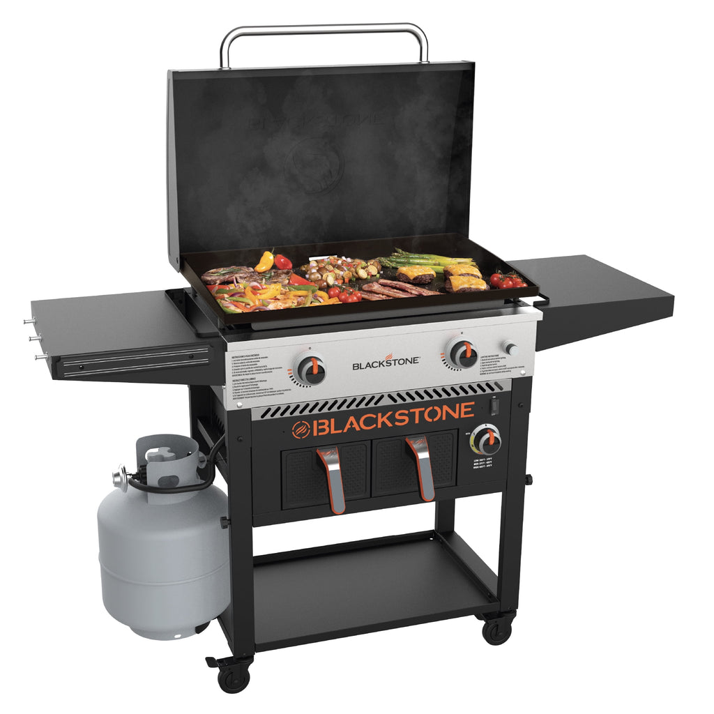 Blackstone Outdoor Combo Griddle, 28 Inch 2-Burner Flat Top Grill with Air Fryer and Hood, Black Gas Grills