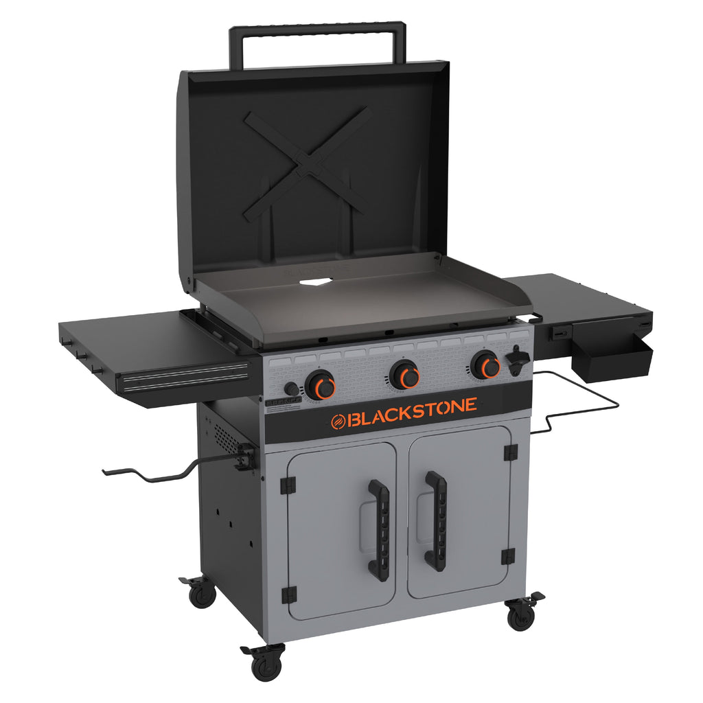 Blackstone Bronco Outdoor Griddle, 3-Burner 28 XL Propane Flat Top Grill with Side Shelves and Cabinet, Gray Blackstone