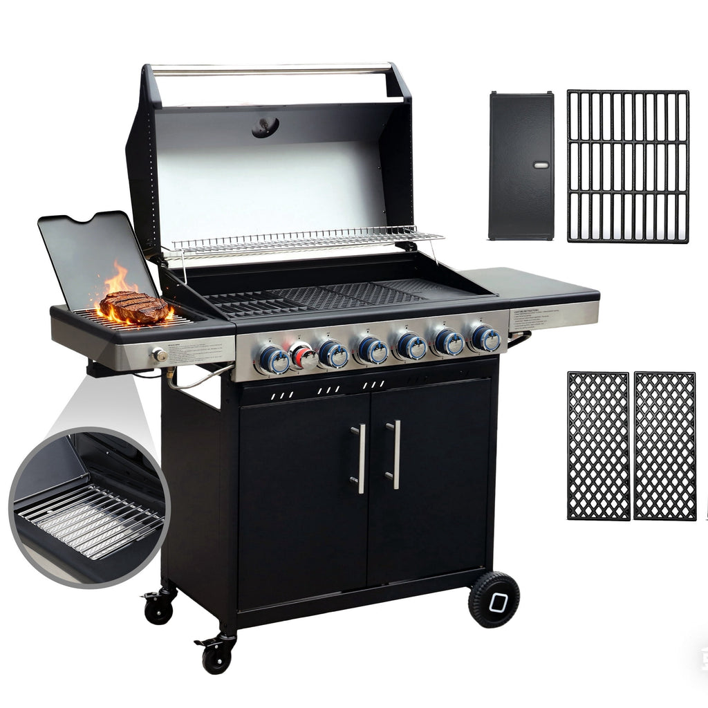 Brand-Man Grills 6-Burner Propane Gas Grill with Infrared Side Burner, Porcelain-Enameled Cast Iron Grate & Griddle, Outdoor Backyard BBQ Grill Gas Grills