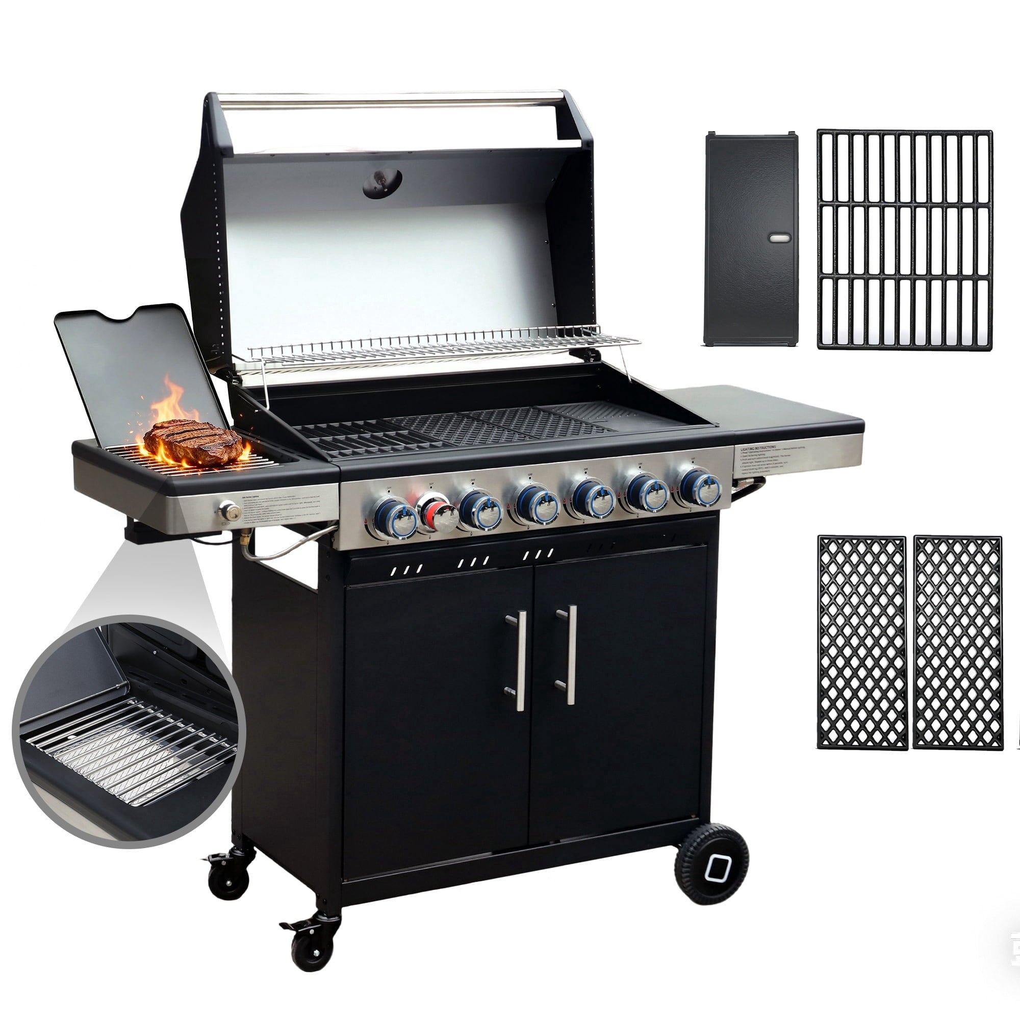 Brand-Man Grills 6-Burner Propane Gas Grill with Infrared Side Burner, Porcelain-Enameled Cast Iron Grate & Griddle, Outdoor Backyard BBQ Grill Gas Grills