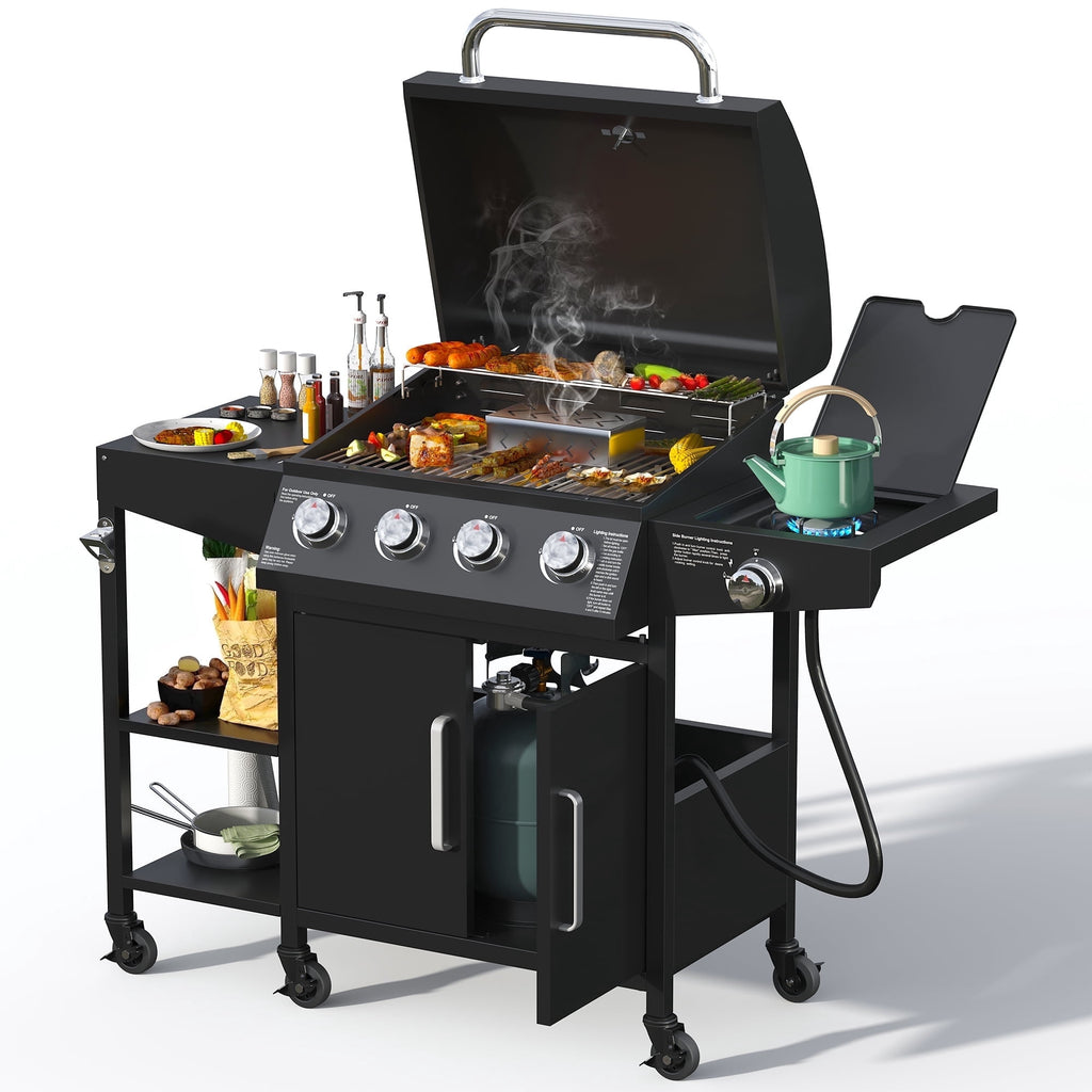 4 Burner Propane Gas Grill with 3 Tier Shelf, 50000 BTU Outdoor Cooking Stainless Steel BBQ Grills Cabinet,Can be Placed Smoke Box，Black Tcisa