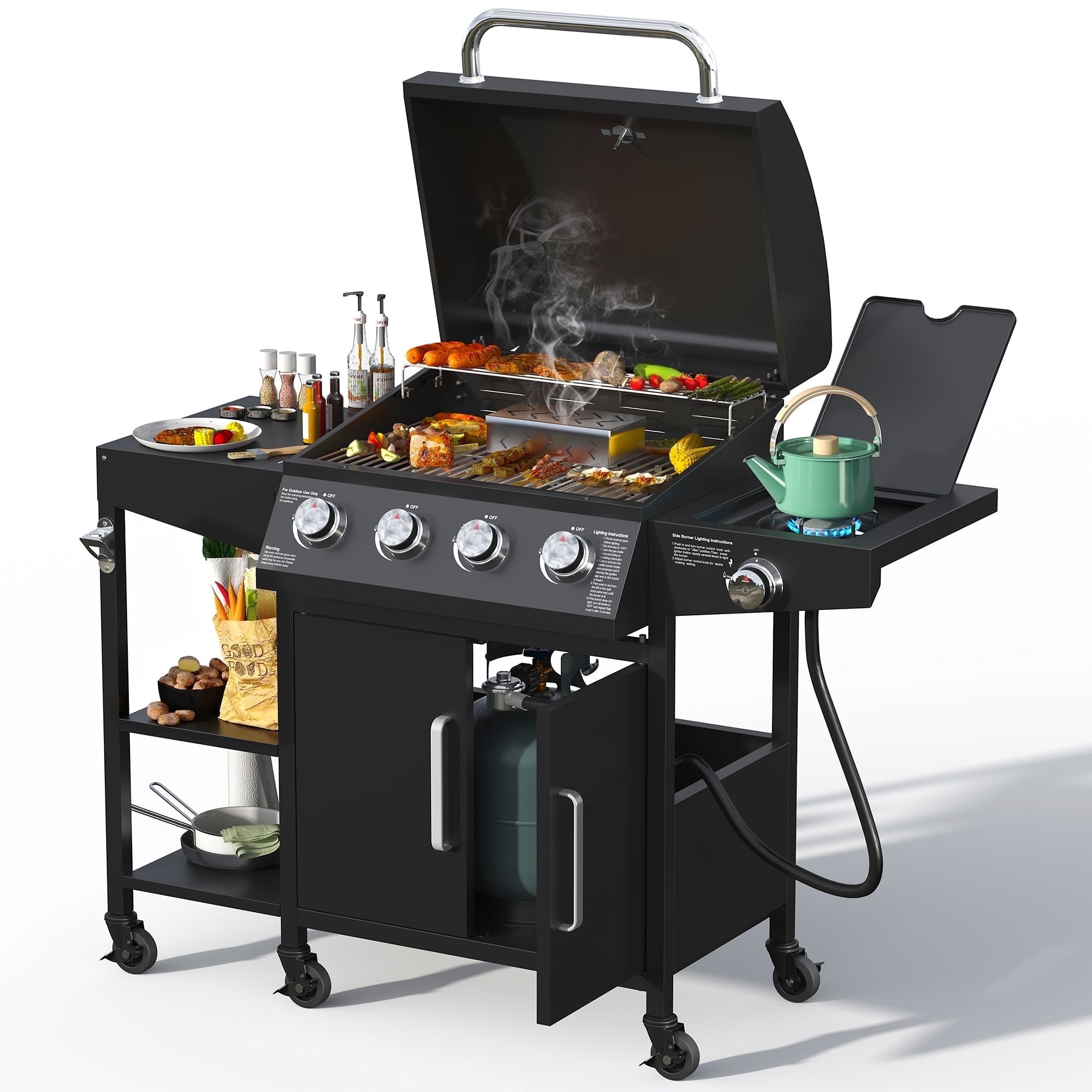 4 Burner Propane Gas Grill with 3 Tier Shelf, 50000 BTU Outdoor Cooking Stainless Steel BBQ Grills Cabinet,Can be Placed Smoke Box，Black Tcisa