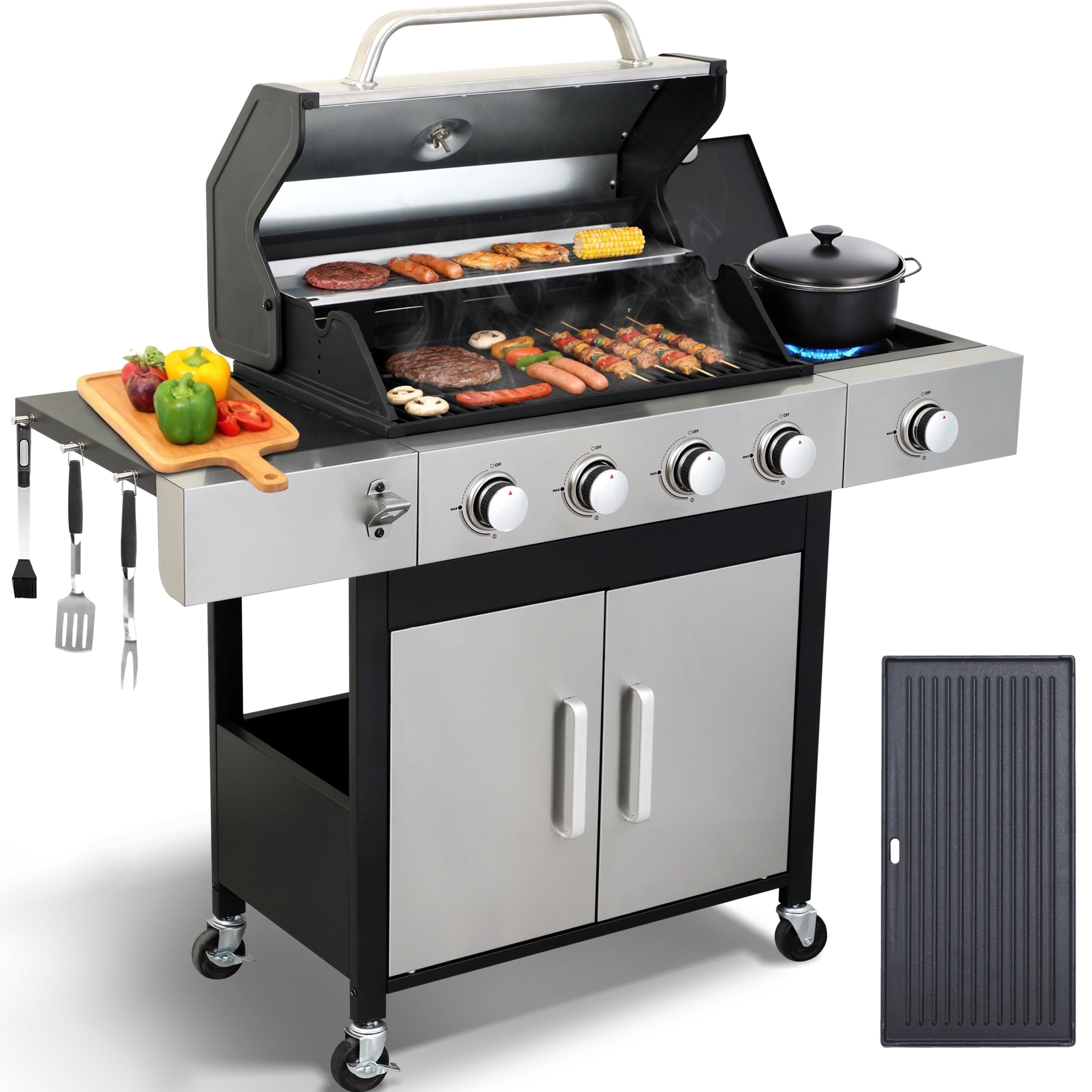 CIG GARDEN 4-Burner Propane Gas Grill and Griddle Combo with Side Burner, Cast Iron Grates, and Double-Wall Insulated Lid CIG GARDEN