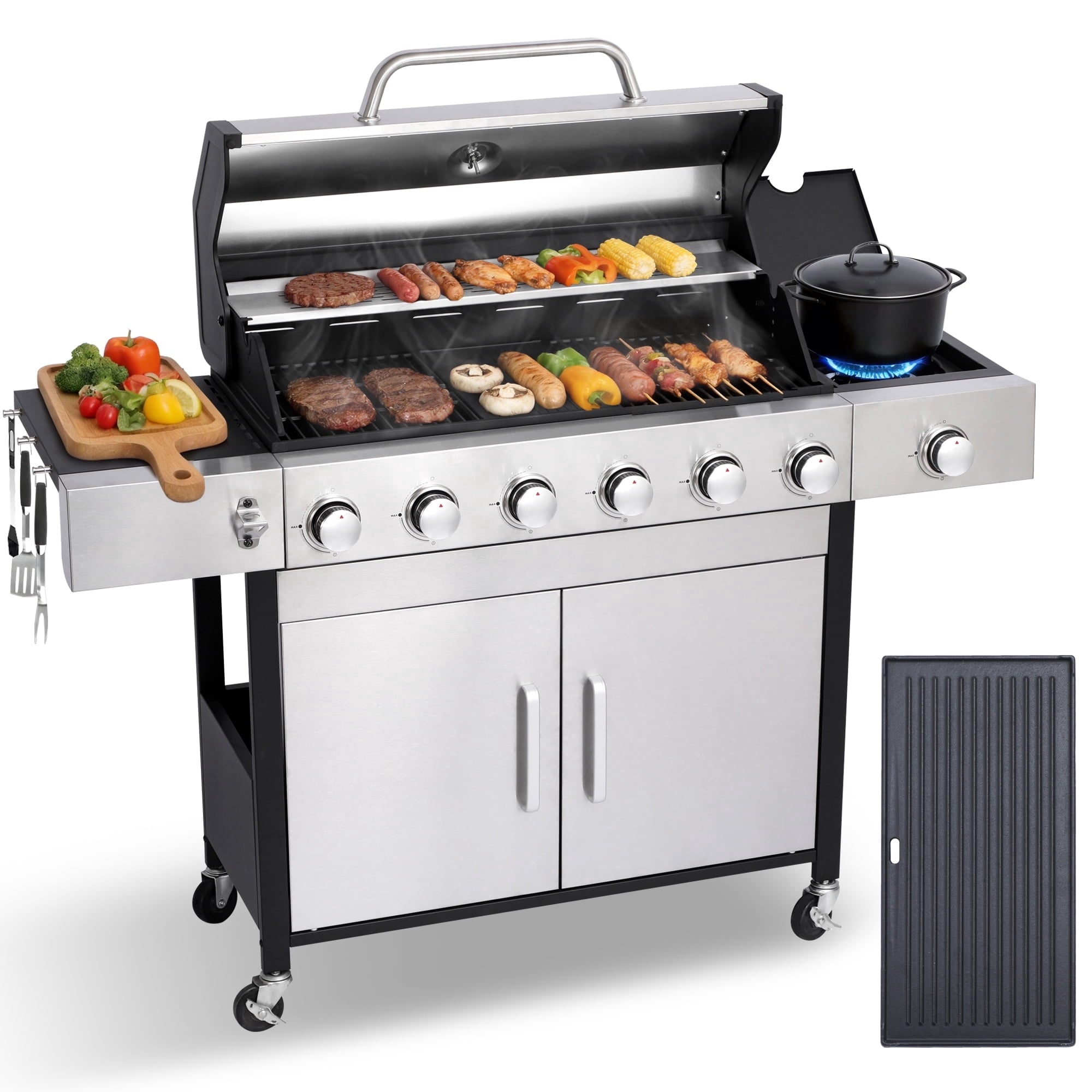 CIG GARDEN 6-Burner Propane Gas Grill with Side Burner,73000 BTU Output Double-Layer Stainless Steel BBQ Grill Lid with Cast Iron Grates CIG GARDEN