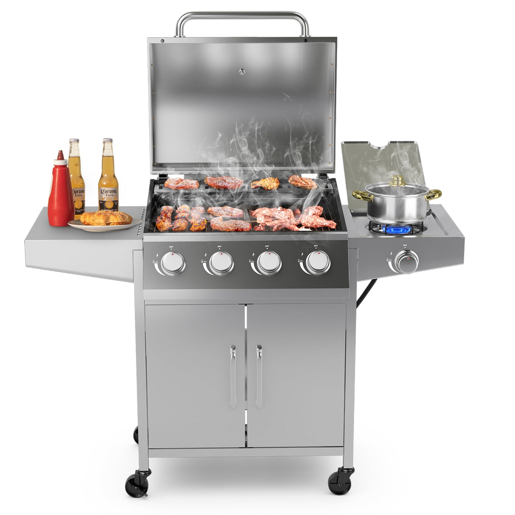 Costway 5-Burner Silver Propane Gas Grill with Side Burner, Thermometer and Prep Table Costway