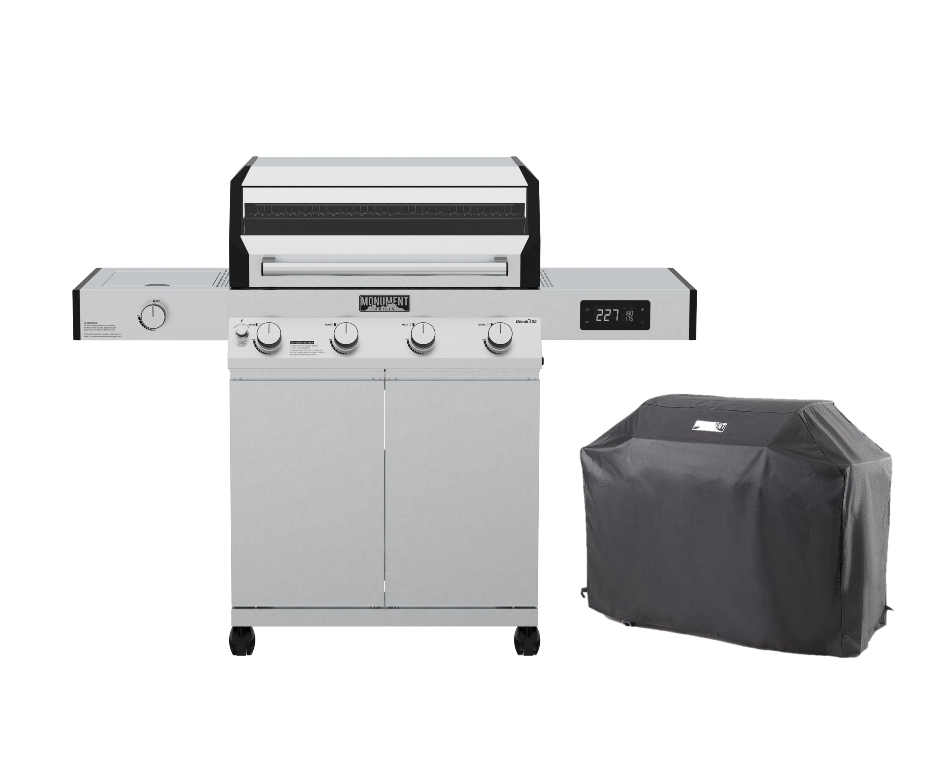 Denali 4-Burner Propane Gas Grill in Stainless with Clearview Lid, 3-Phase LED Controls, Grill Cover, and Side Burner Monument Grills