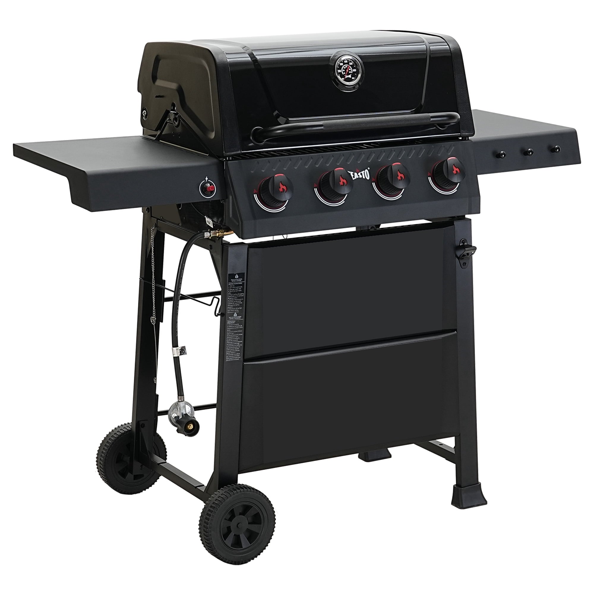 Feasto 4-Burner Propane Gas Grill, Outdoor Grill with 2 Side Tables and Porcelain-Enameled Grates, Black Gas Grills